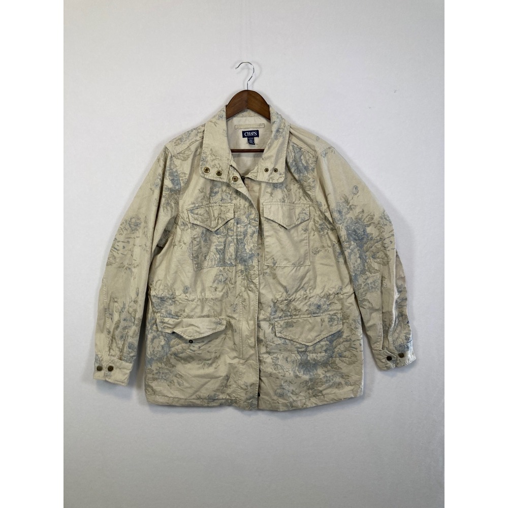 Chaps Womens 1X Floral Toile Utility Field Jacket Tan Blue Cotton Cinched Waist